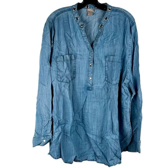 Chico's Blue Denim-Style Long Sleeve Tunic Grommet Collar 4 20/22 - Picture 1 of 12